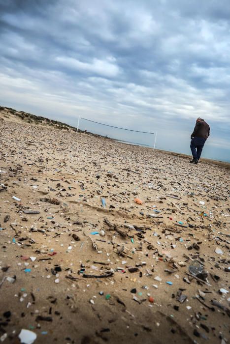 Más de tres mil fragmentos de plástico por metro cuadrado se pueden encontrar en la arena de la playa situada junto a la desembocadura del Segura en Guardamar