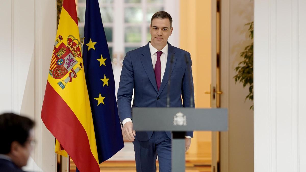 Pedro Sánchez, presidente del Gobierno, comparece en el Palacio de la Moncloa.