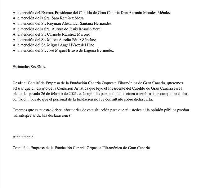 Comunicado remitido ayer por el comité de empresa de la OFGC, en el que se desmarca de la carta de apoyo leída por Morales.