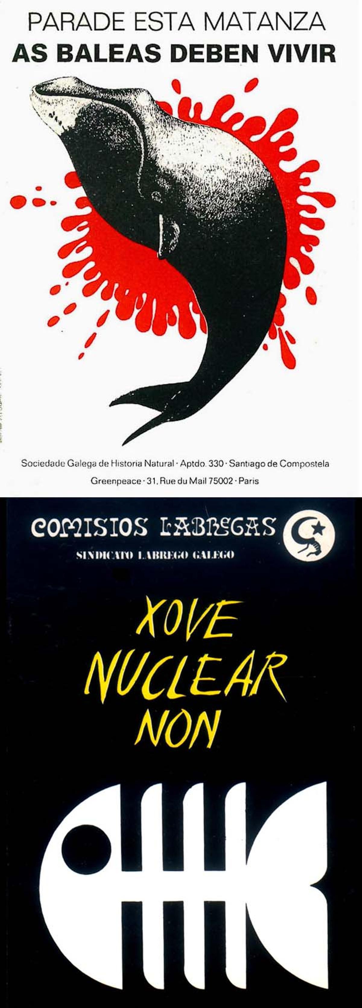 Carteles de protesta contra la caza de ballenas (1977) y contra la central nuclear de Xove (1980)