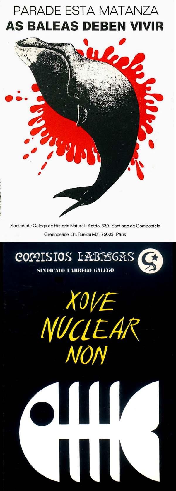 Carteles de protesta contra la caza de ballenas (1977) y contra la central nuclear de Xove (1980)