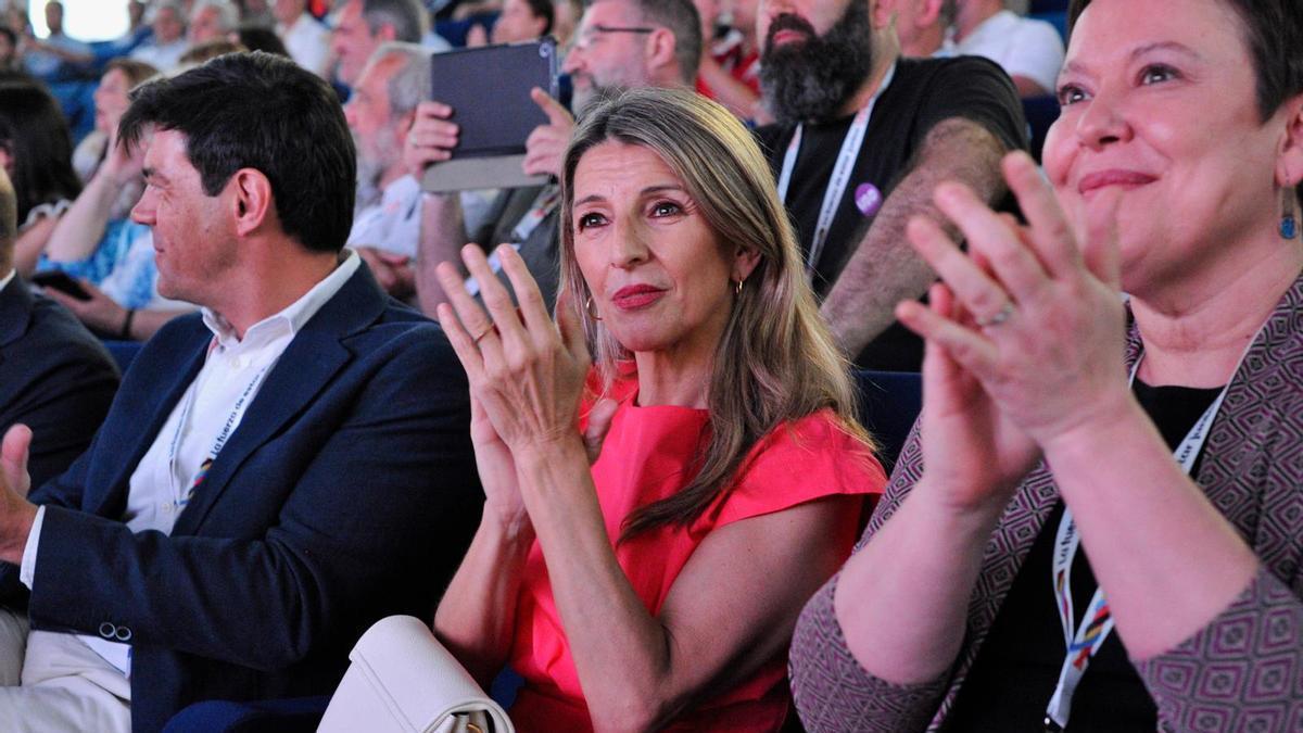 La vicepresidenta del Gobierno, Yolanda Díaz, en el congreso de USO en Badajoz, este viernes.