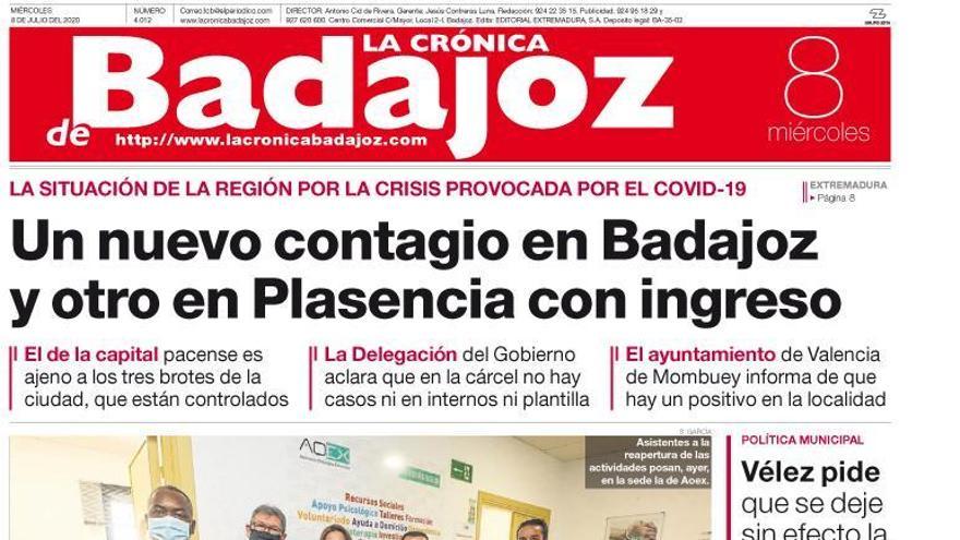 Esta es la portada de LA CRÓNICA DE BADAJOZ correspondiente al día 8 de julio del 2020