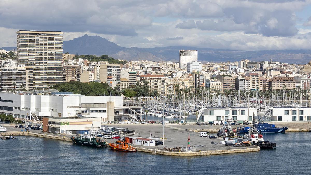 Panorámica del puerto de Alicante con embarcaciones amarradas y la ciudad al fondo.