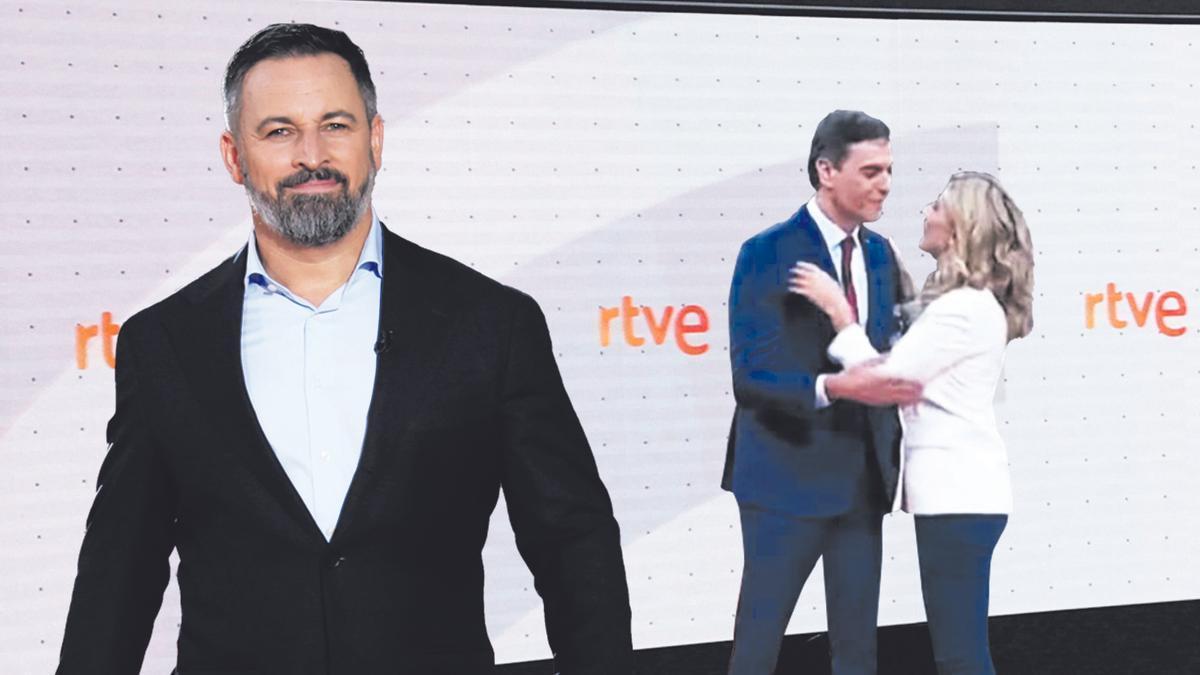 En primer plano, Santiago Abascal, con Pedro Sánchez y Yolanda Díaz detrás, en un fotomontaje hecho a partir de imágenes tomadas del debate en RTVE.