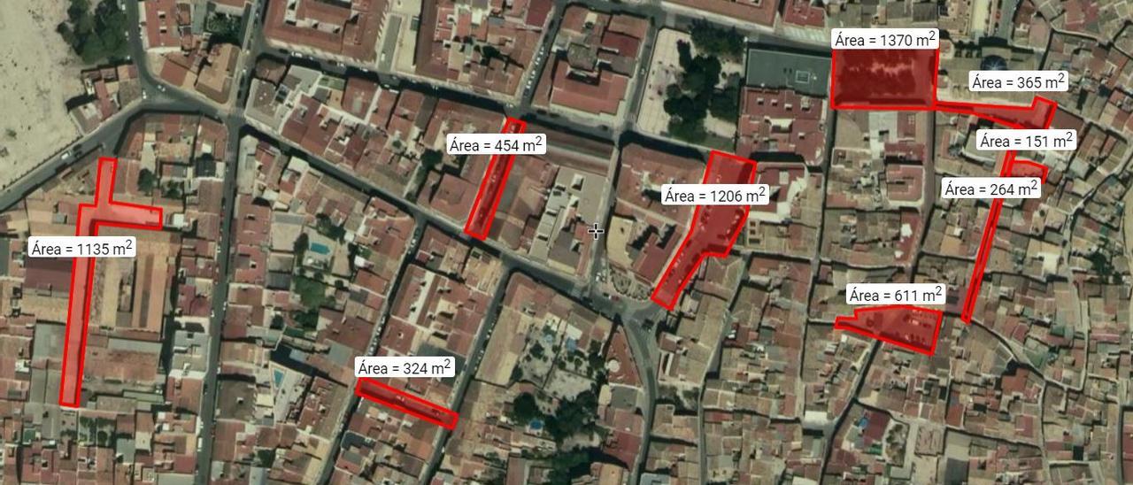 Plano del casco urbano de Petrer con las calles y plazas donde se realizará el estudio de geodetección.