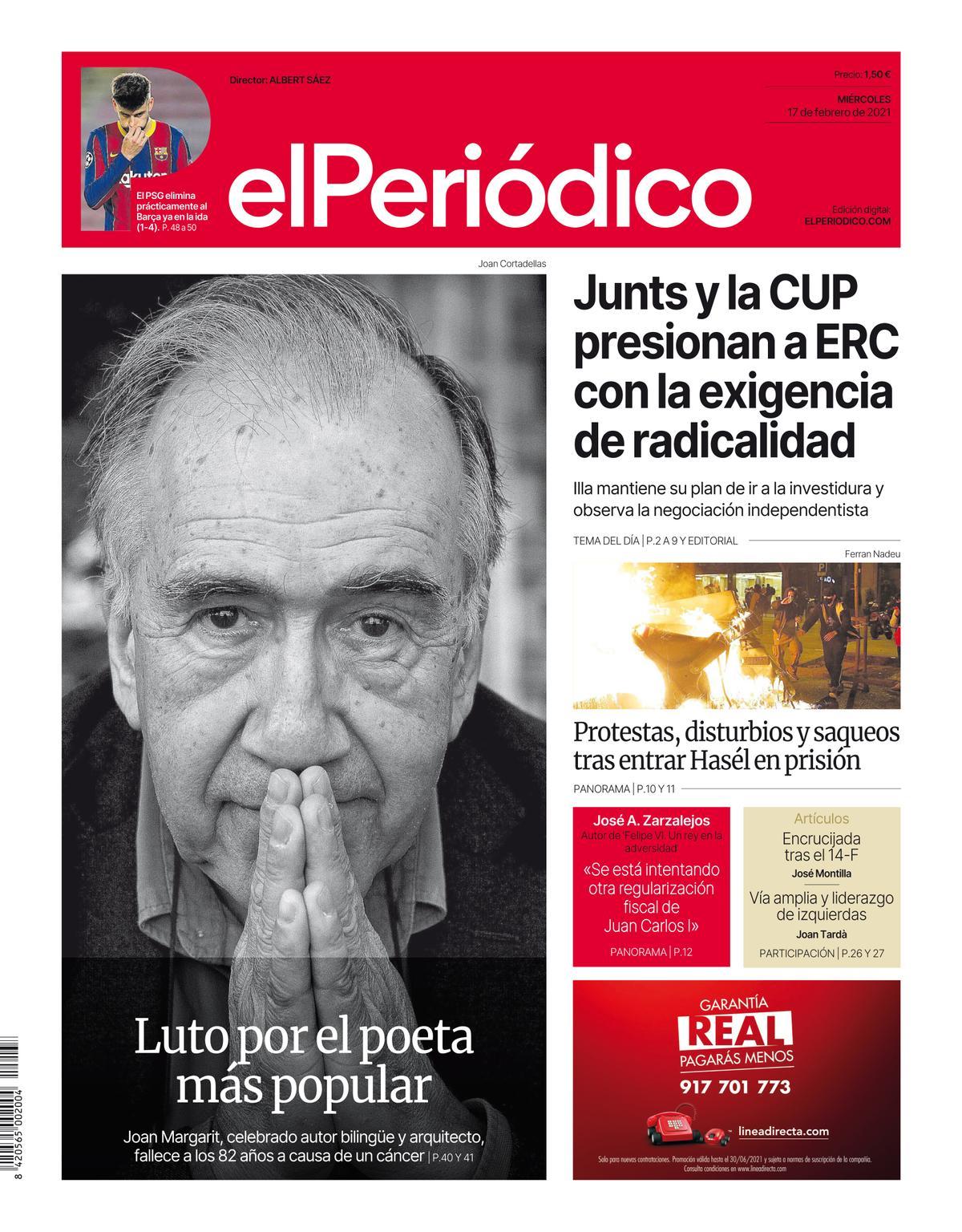 La portada d’EL PERIÓDICO del 17 de febrer del 2021