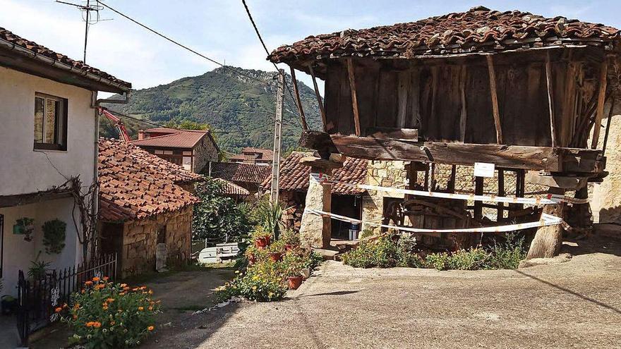 El hórreo, con uno de los pegollos completamente torcido, junto a las casas en Orlé.