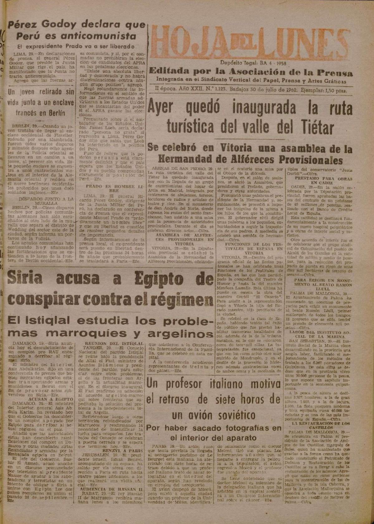 Portada del 30 julio de 1962 de la 'Hoja del Lunes'.