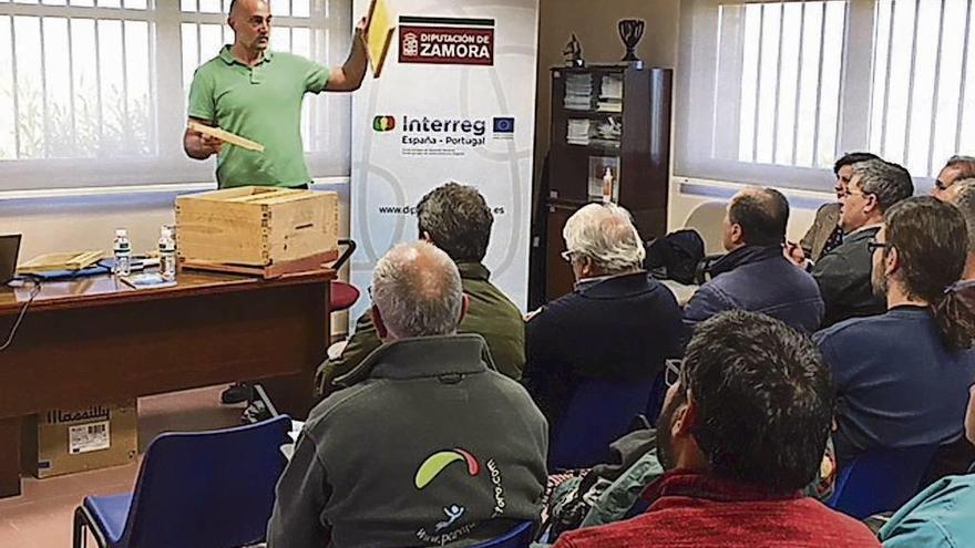 Urbano González Escapa explica a los apicultores zamoranos el manejo de las colmenas .