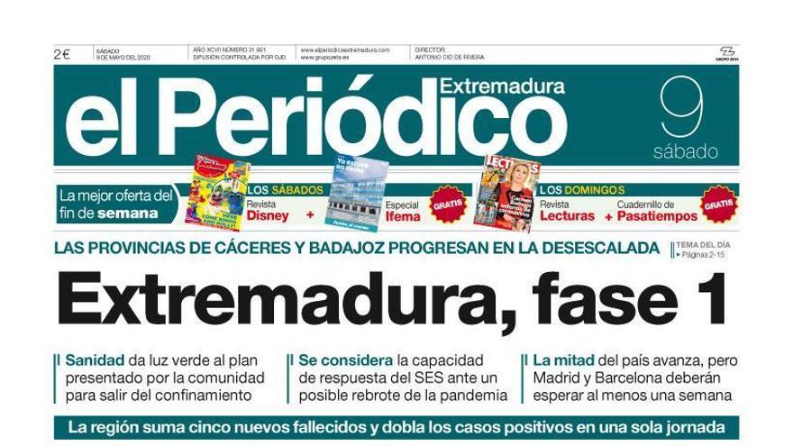 Esta es la portada de EL PERIÓDICO EXTREMADURA correspondiente al día 9 de mayo del 2020