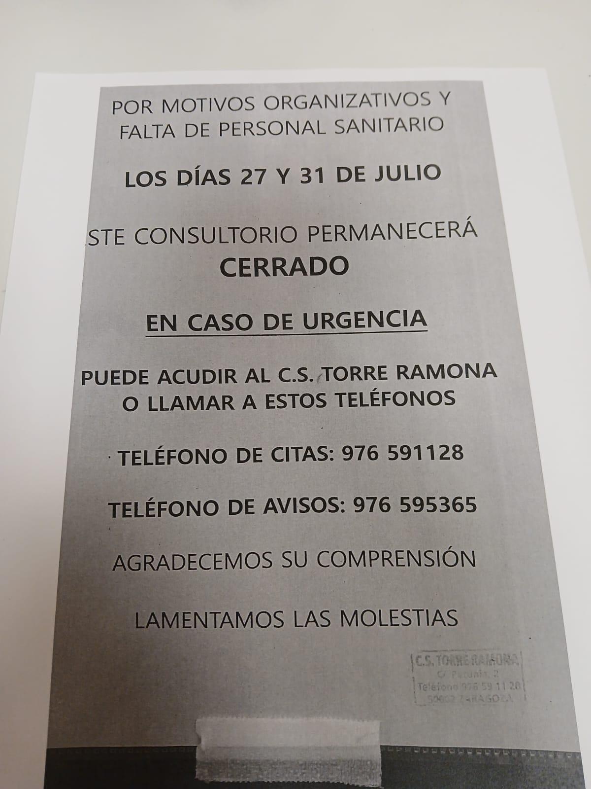 Cartel informativo sobre el cierre temporal del consultorio.
