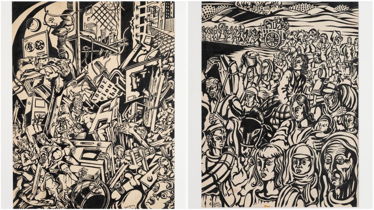 Los dibujos a tinta china 'Bombardeo de una escuela en Barcelona' (1938) y 'Evacuación' (1937)