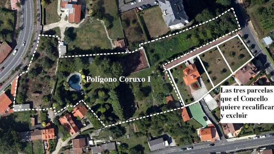 Ámbito del polígono de Coruxo en Santa Cruz y parcelas excluidas.