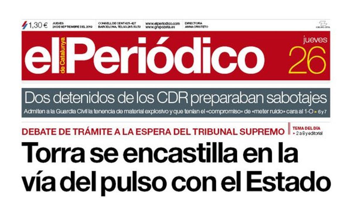 La portada de EL PERIÓDICO del 26 de septiembre del 2019.