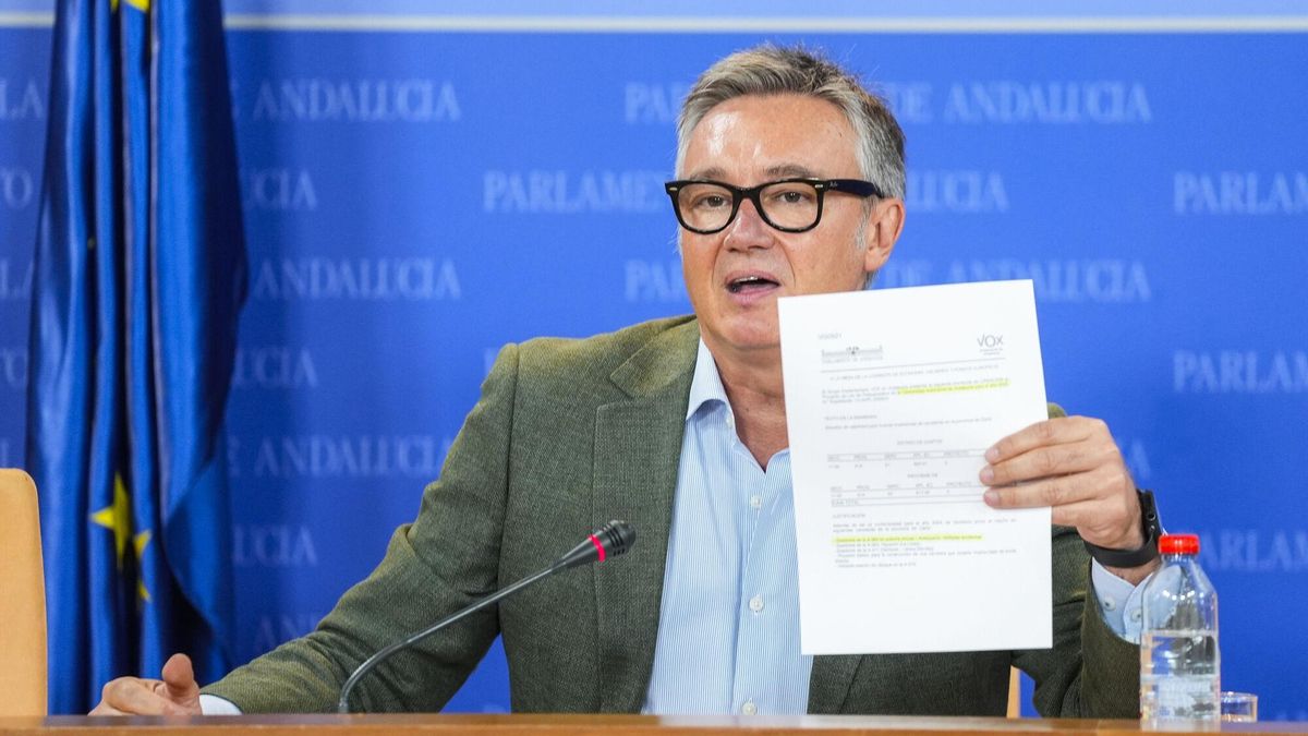 El portavoz del Grupo Parlamentario Vox, Manuel Gavira, durante la ronda de ruedas de prensa de portavoces de los grupos en el Parlamento de Andalucía.