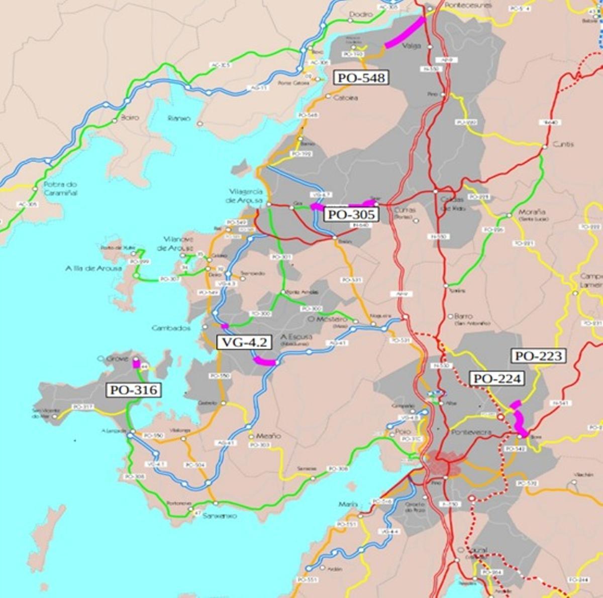 Carreteras con actuaciones de refuerzo del firme impulsadas por Infraestruturas.