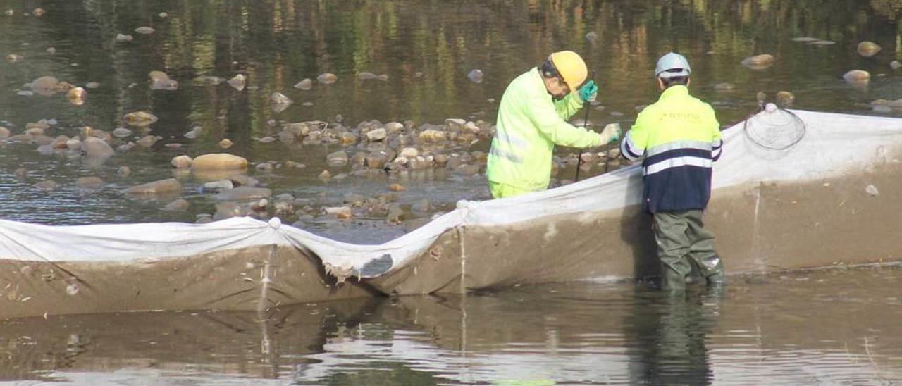 Dos operarios, en la barrera colocada para impedir el paso de material contaminante al río Narcea.
