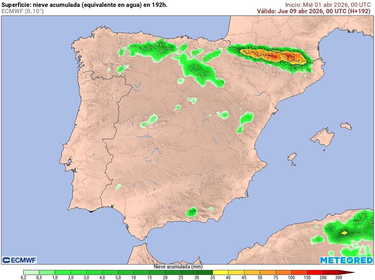 Acumulación de nieve prevista hasta la medianoche del miércoles al jueves 9 de abril