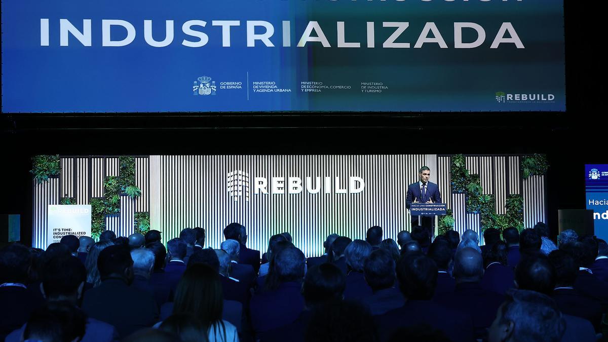 El presidente Pedro Sánchez durante la presentación del PERTE de la vivienda industrializada