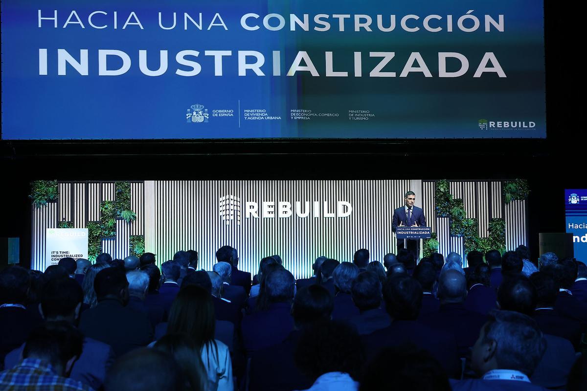 El presidente Pedro Sánchez durante la presentación del PERTE de la vivienda industrializada