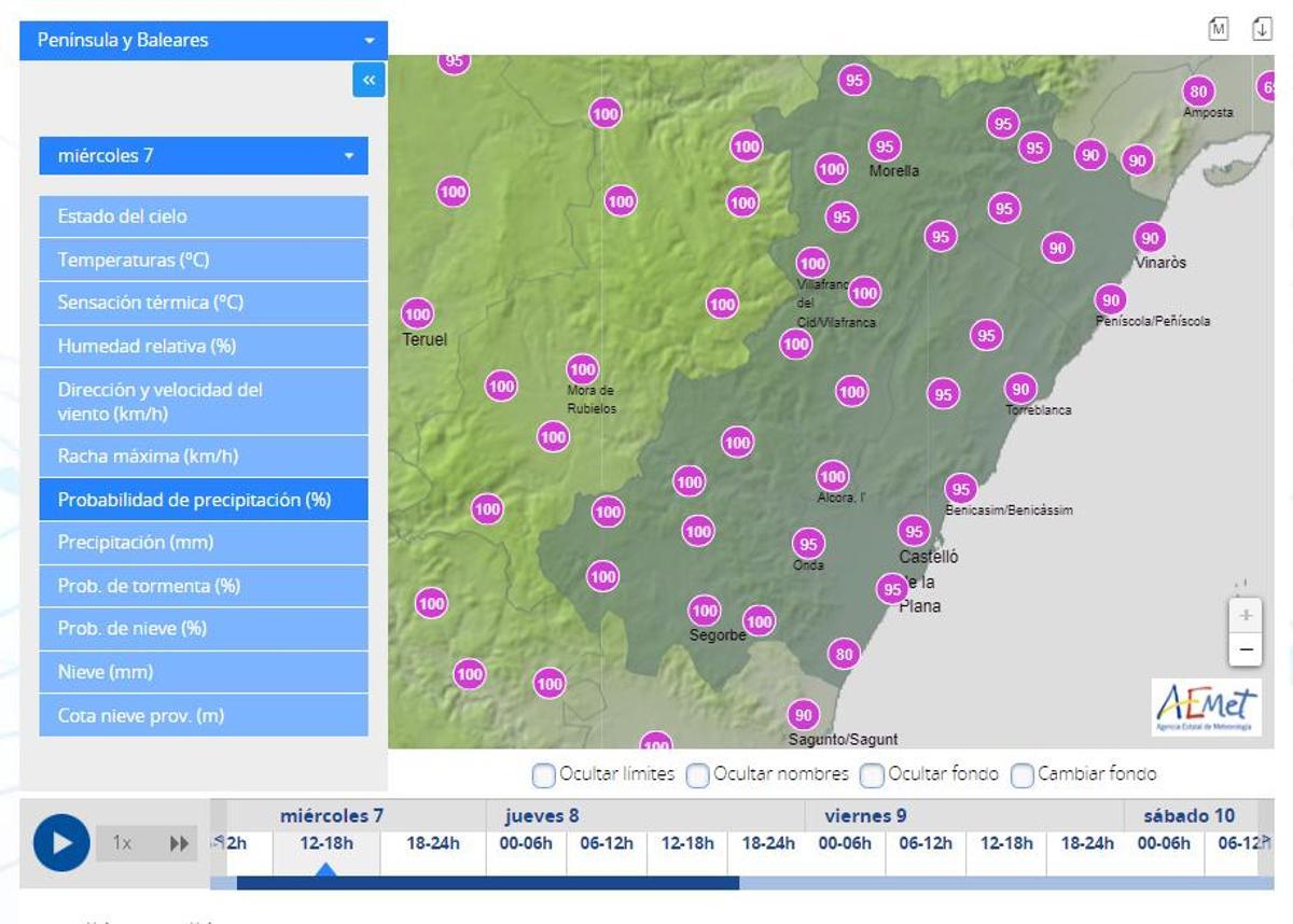 Probabilidades de lluvia en Castellón entre las 12.00 y las 18.00 horas del miércoles.