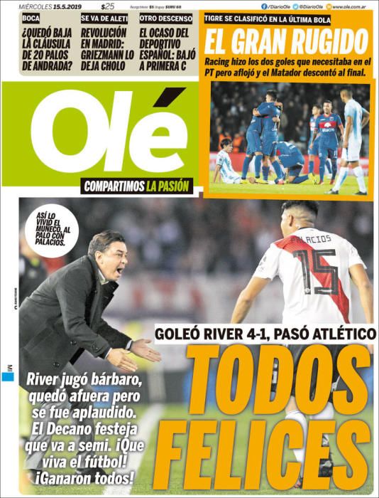 Portada OLÉ miércoles 15 de mayo de 2019