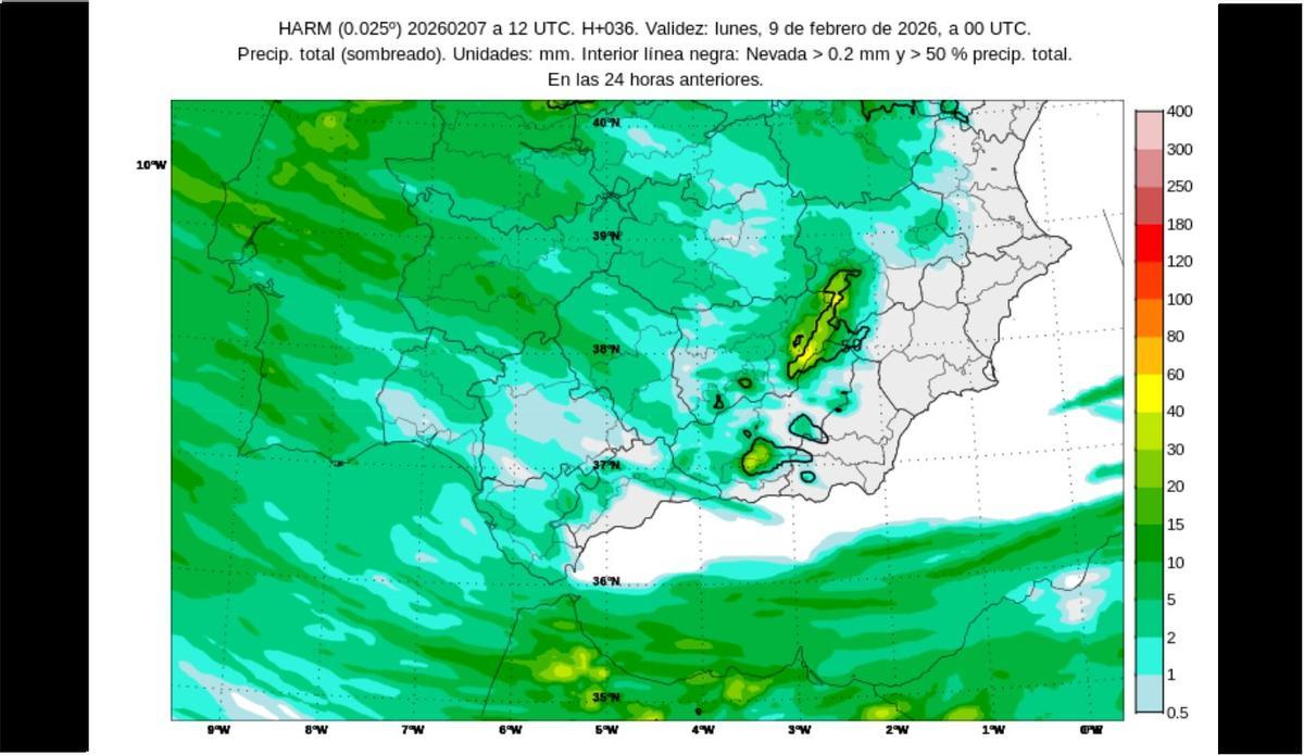Precipitaciones previstas en Andalucía hoy domingo, 8 de febrero, según el pronóstico de la Aemet.