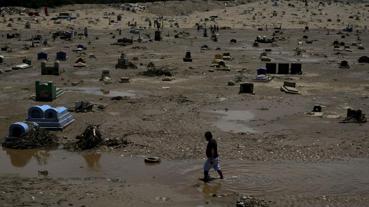 View of a damaged cemetary after rainfall and flood in Trujillo, northern Peru