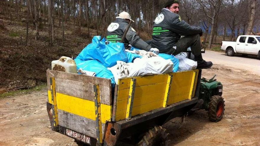 Labores de limpieza en un monte de Trasmañó con la colaboración de voluntarios. // FdV