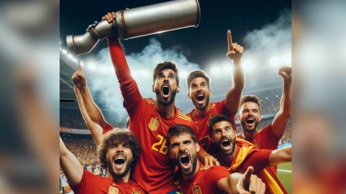 La campaña en Instagram de esta empresa viguesa se ilustró con una foto creada por IA, en la que la Selección Española levanta un tubo de escape como trofeo.
