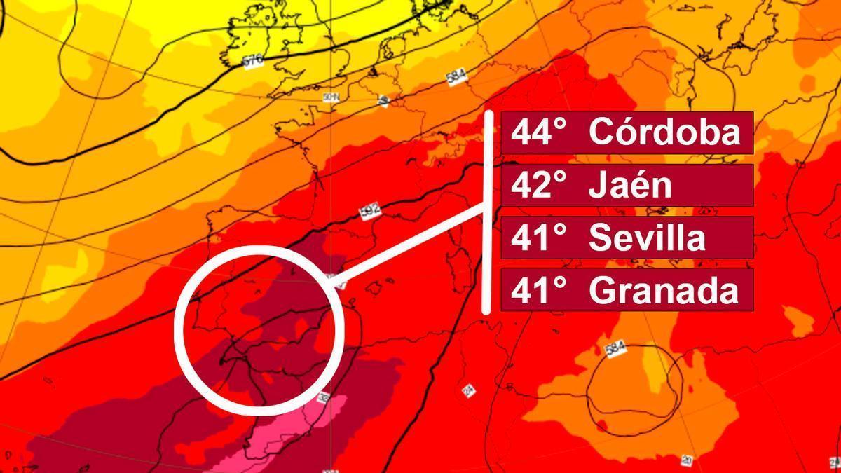 Imagen de las temperaturas máximas que se esperan en esta ola de calor en Andalucía.