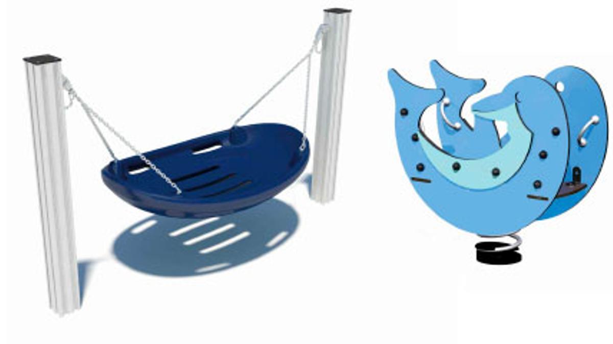 El parque infantil contará con el típico columpio tipo cesta y balancines de muelle con forma de delfín.