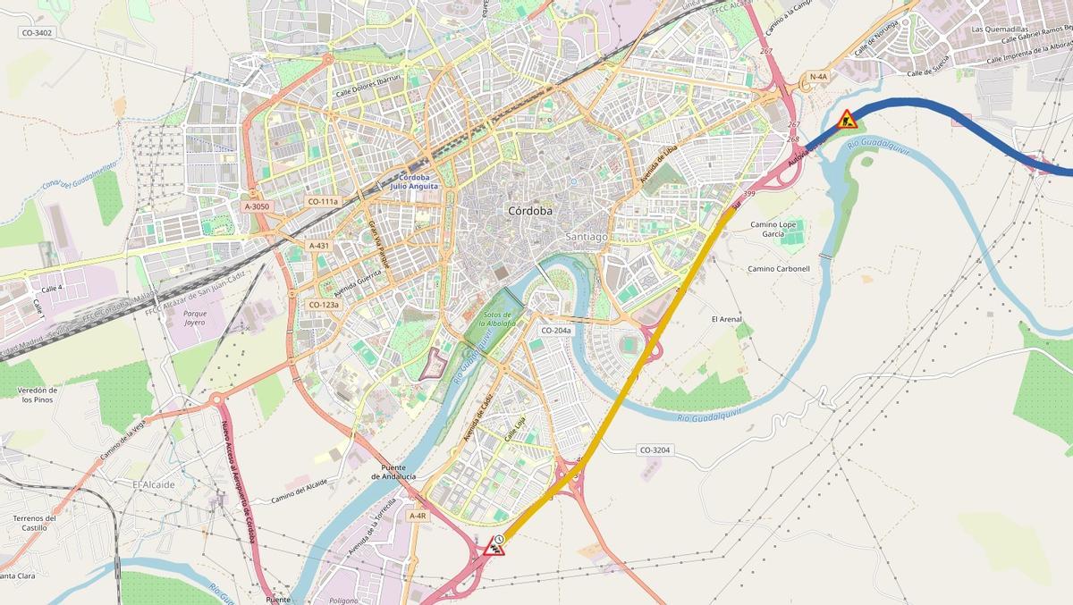 Mapa de la DGT que muestra el corte de tráfico en la A-4 a su paso por Córdoba, en la mañana de este martes.