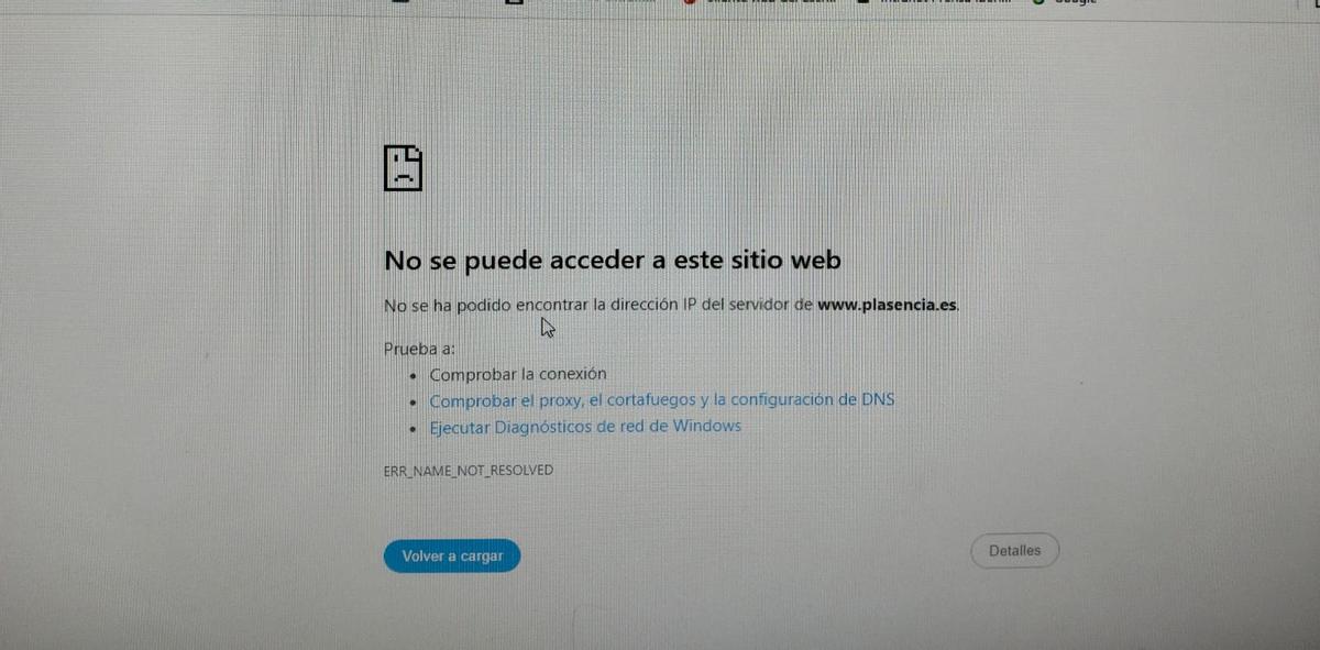Mensaje que avisa de que no se puede acceder a la web municipal.