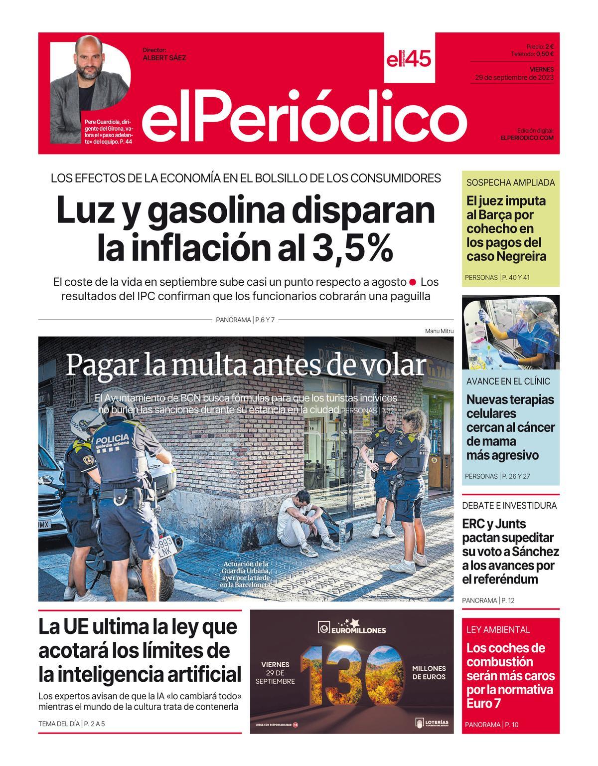 La portada de EL PERIÓDICO del 29 de septiembre de 2023 La portada de EL PERIÓDICO del 29 de septiembre de 2023