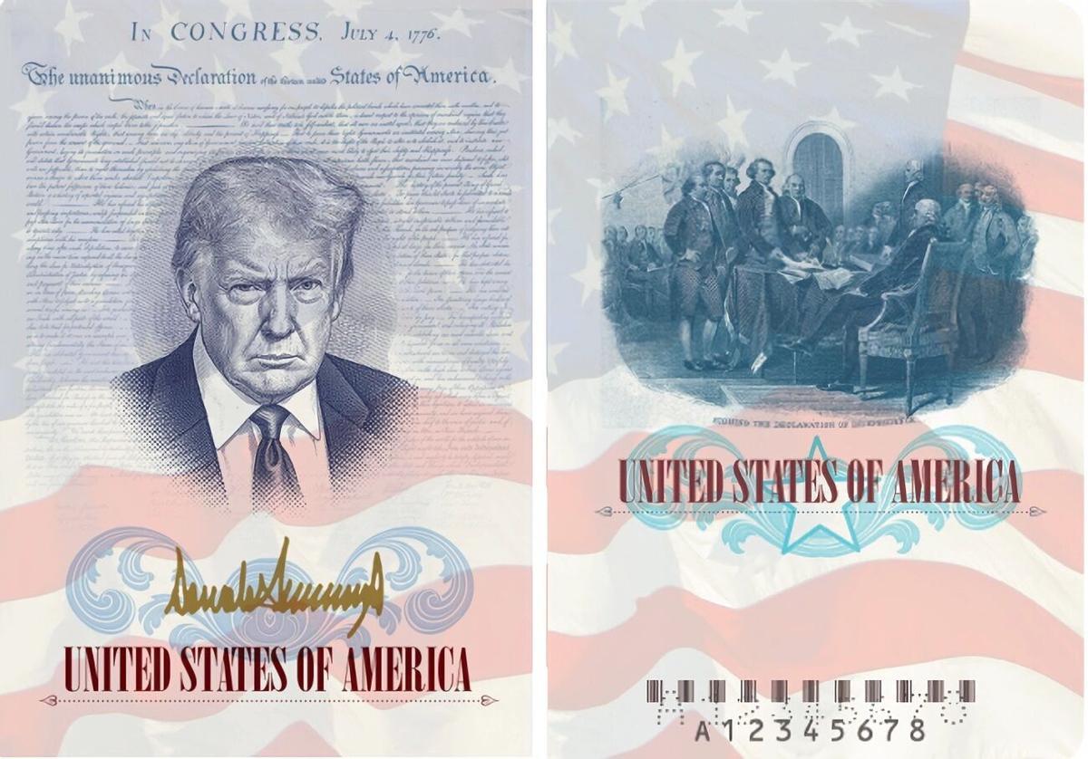 Fotografia divulgada pel Departament d'Estat dels Estats Units que mostra dues pàgines del passaport especial on apareix el rostre del president Donald Trump emmarcat per la Declaració d'Independència i la bandera estatunidenca.