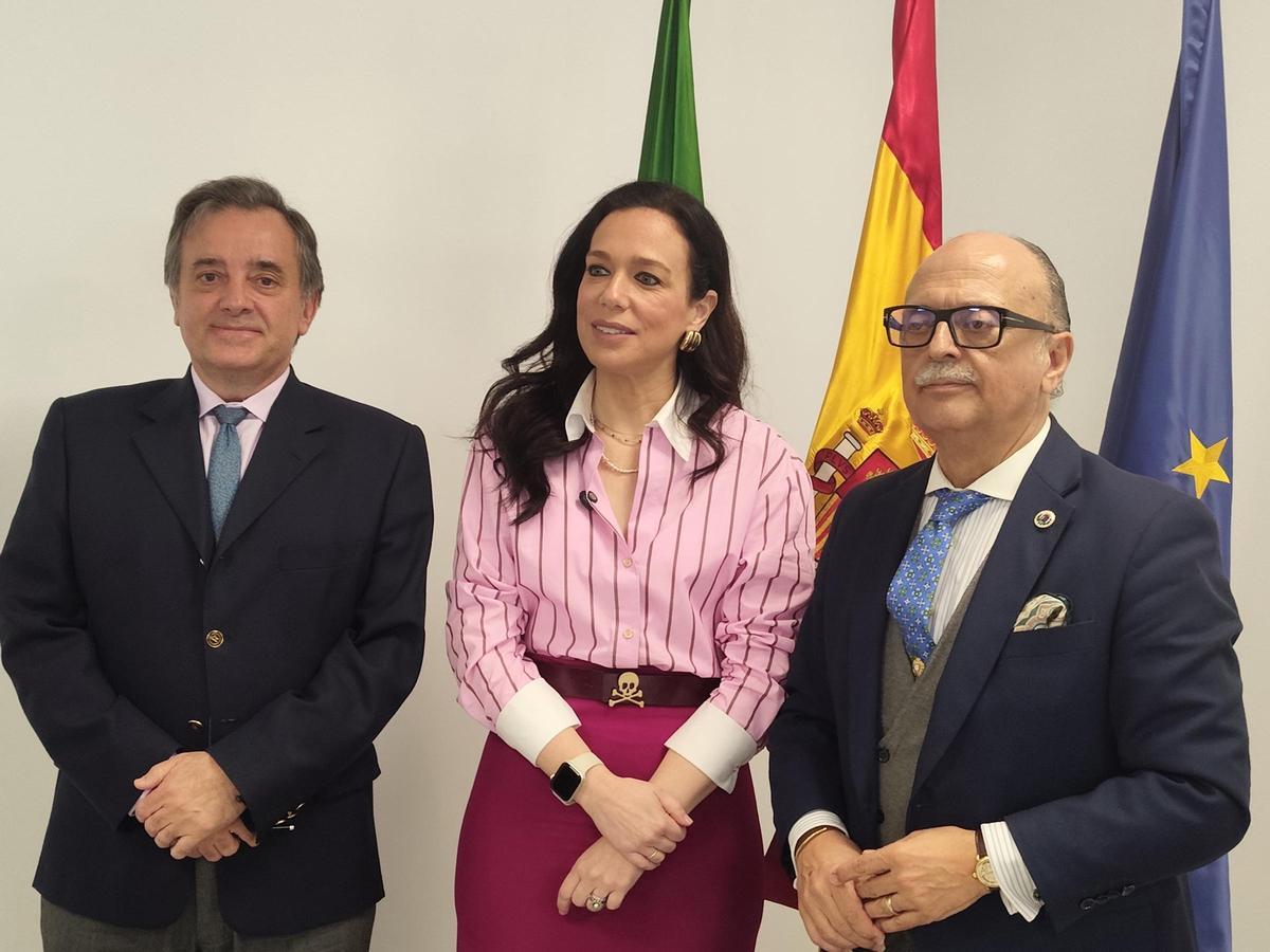 Los presidentes de los colegios de médicos de Cáceres y Badajoz junto a la consejera de Salud, esta mañana.