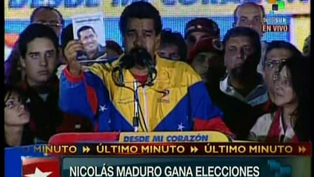 Nicolás Maduro habla en televisión tras saberse que ha sido elegido presidente de Venezuela, este lunes.