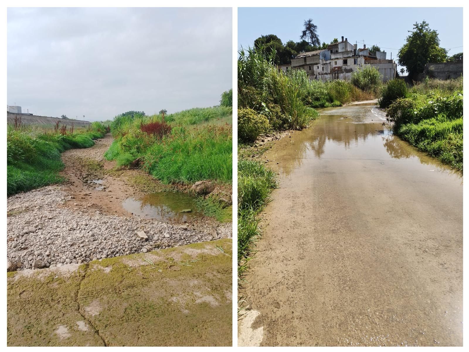 El Magro sin agua este viernes, y con agua hoy lunes, en el vado del Camí de Carlet, junto al Raval.