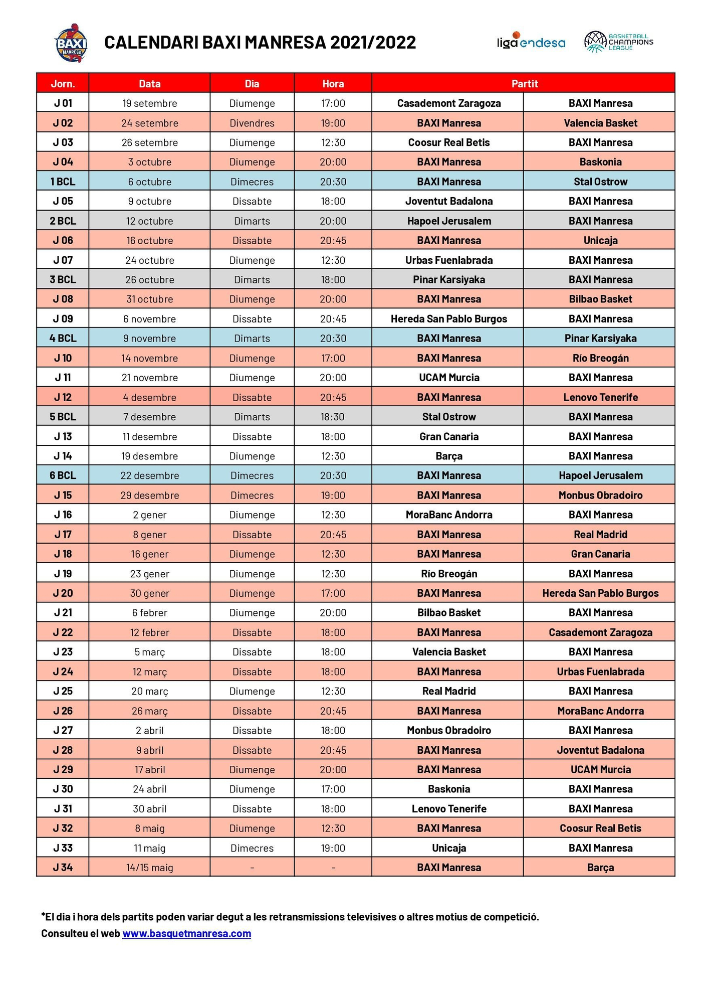 Calendari del Baxi Manresa de la temporada 2021-22