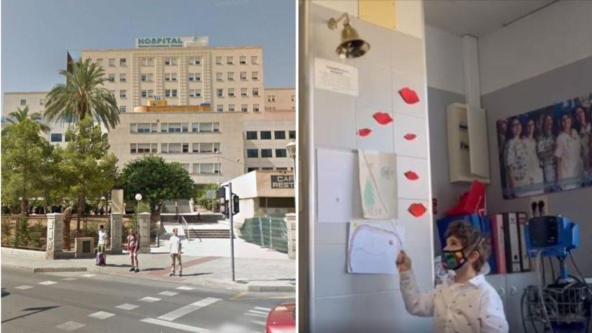 Imagen del Hospital General de Alicante junto a un fotograma del vídeo.