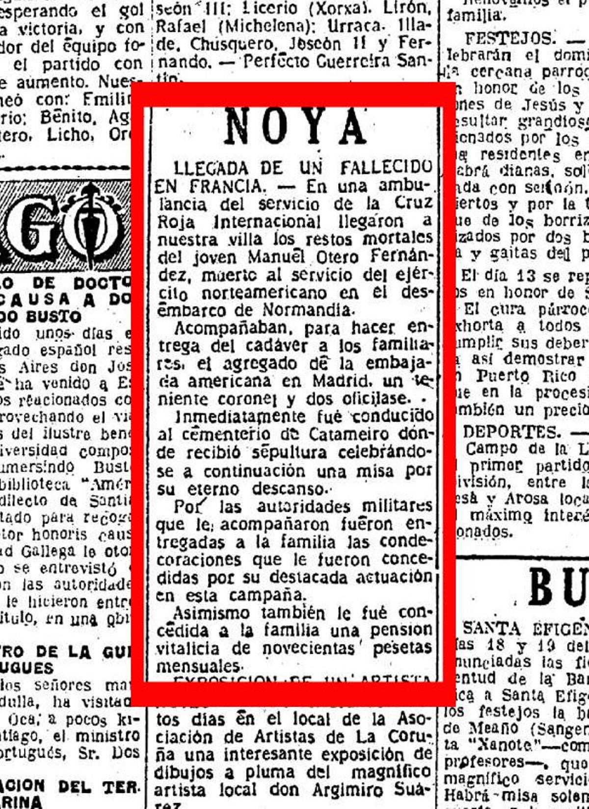 Noticia publicada en el Diario de Noia en 1948