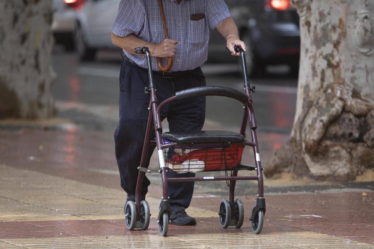 Un hombre mayor con un carrito andador.