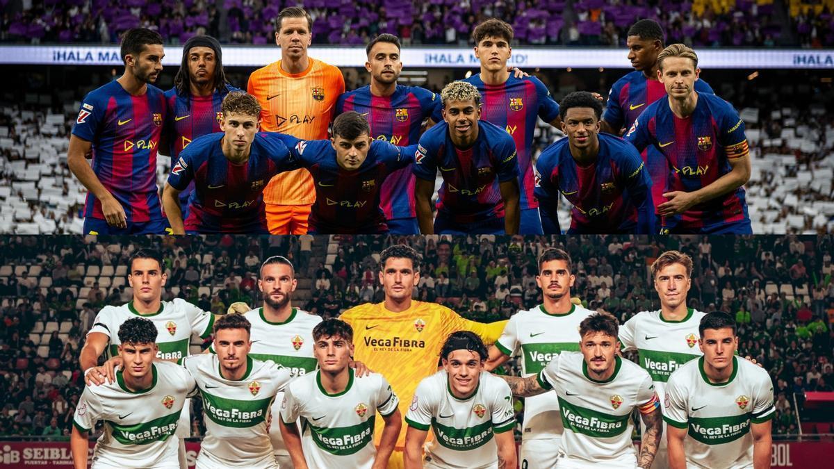 Arriba, el último once del FC Barcelona, y debajo, el último once del Elche.