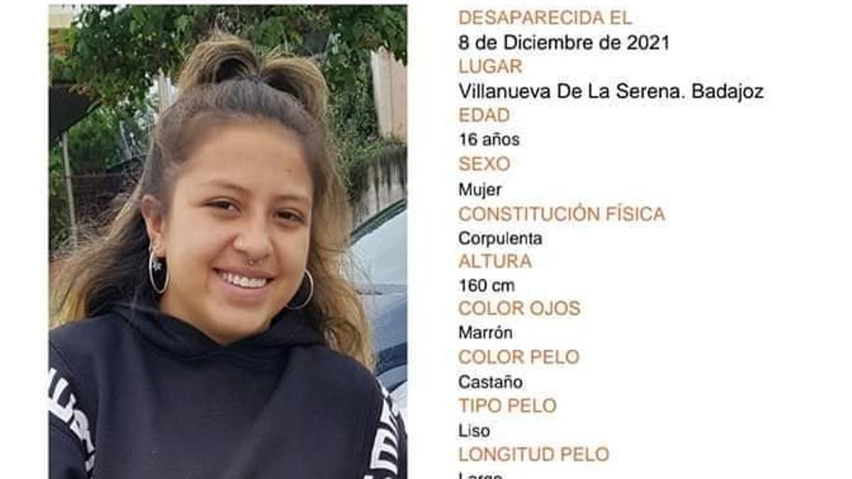 Imagen de la joven que desapareció en Villanueva de la Serena el día 8 de diciembre.