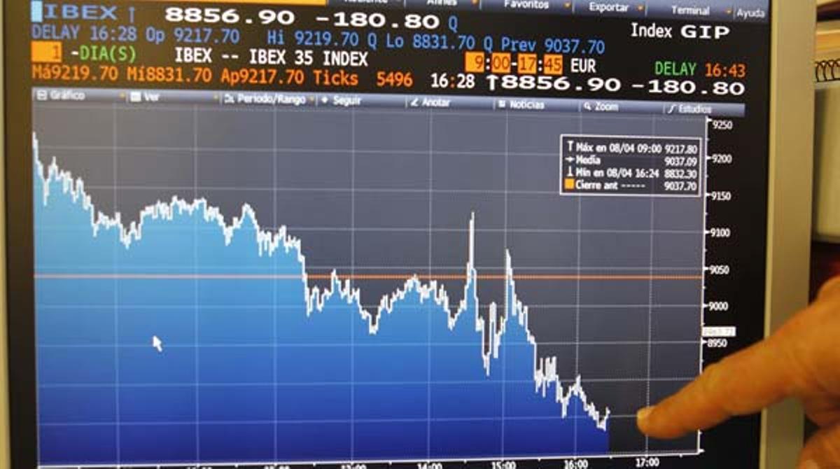 Un monitor mostra la caiguda registrada a la Borsa de Madrid.
