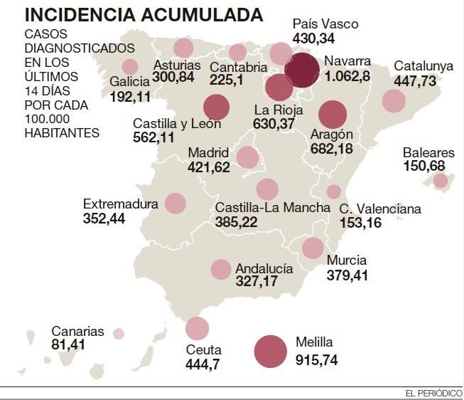 El mapa de la incidencia acumulada en España