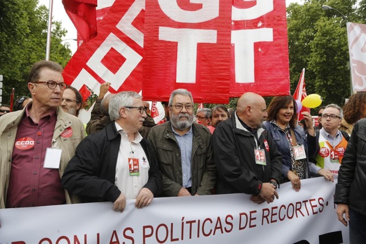 Toxo i Méndez, en la capçalera de la manifestació de l’1 de maig a Madrid d’aquest divendres.