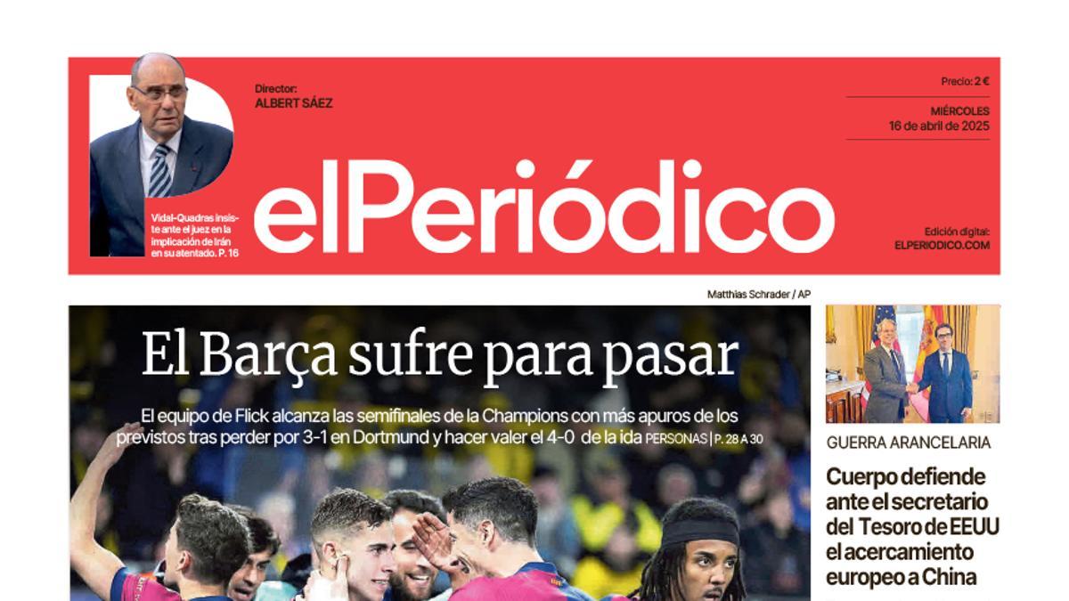 La portada de EL PERIÓDICO del 16 de abril de 2025
